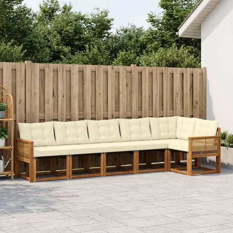 Set di divani da esterno vidaXL a forma di L composto da 6 pezzi in legno di acacia e textilene, colore beige e marrone con cuscini inclusi