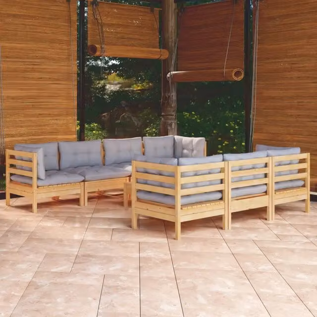 Set Divani da Giardino 8 pz con Cuscini Grigi Massello di Pino 3096159