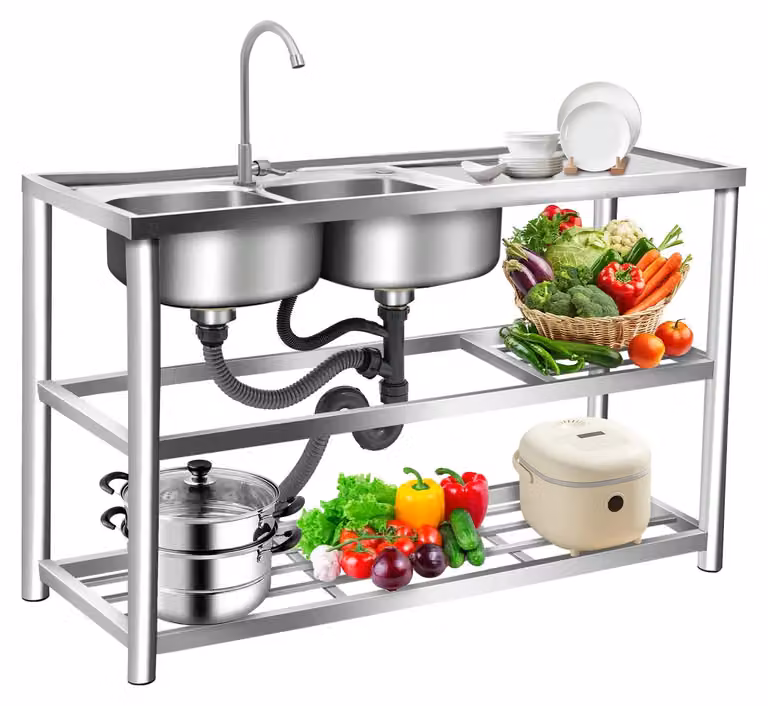 Lavello a due vasche indipendente - Acciaio inossidabile 201 - 3 livelli - Con rubinetto - 2 fori per il rubinetto - 119,4 × 45 × 80 cm - Argento