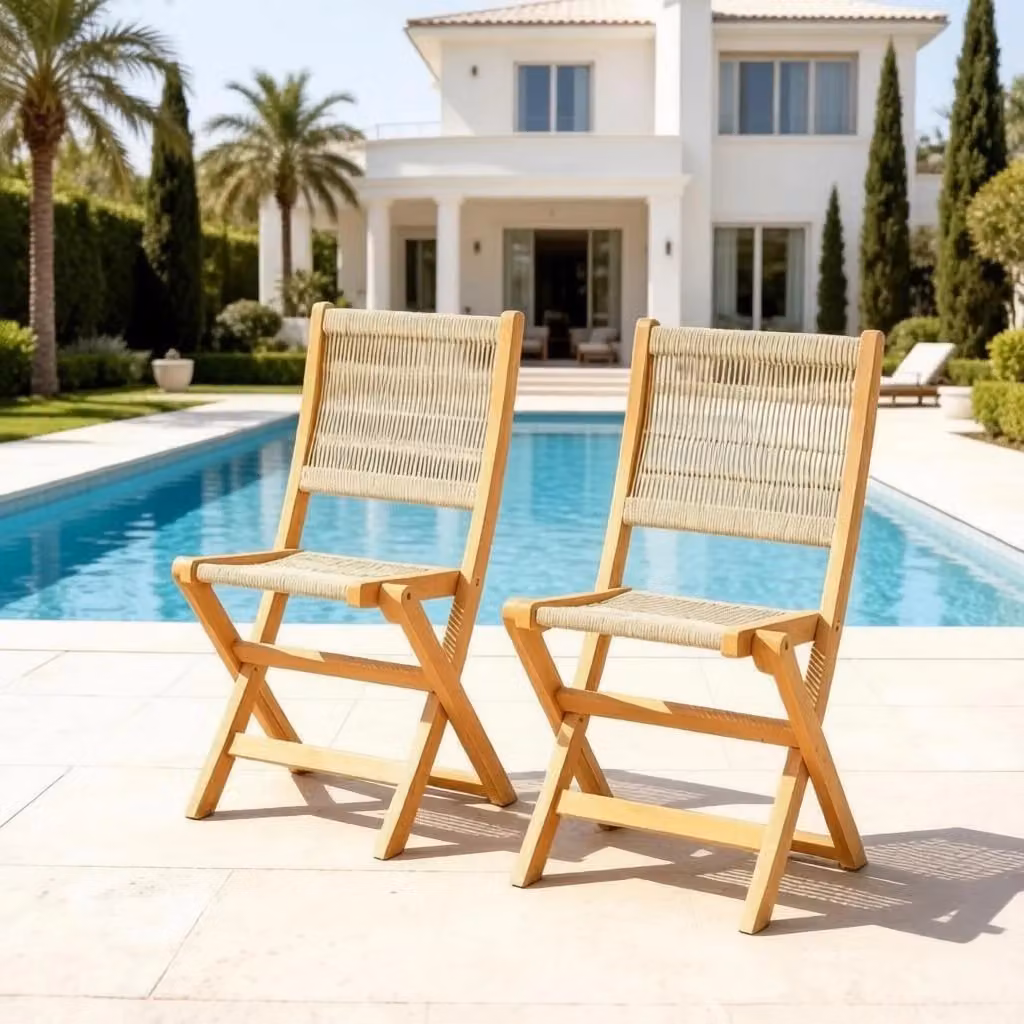 Set di 2 sedie da giardino pieghevoli WISHDOR in legno di acacia e PP, beige e naturale – 2