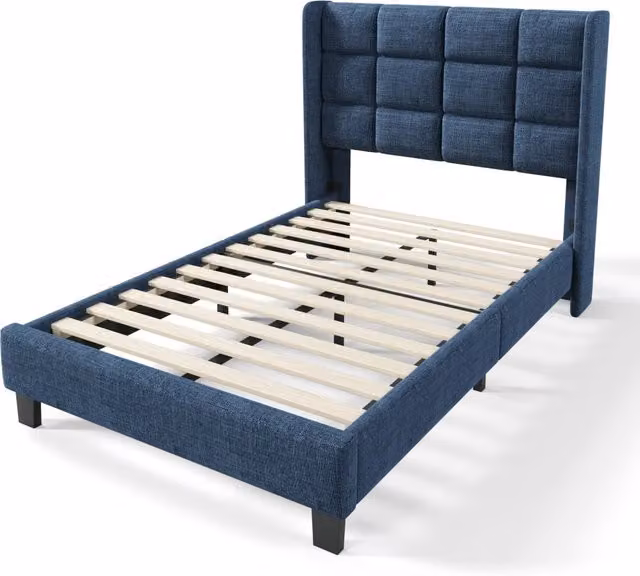 Letto Singolo Imbottito 90x200 cm con Testiera in Lino Blu e Rete a Doghe, Senza Materasso