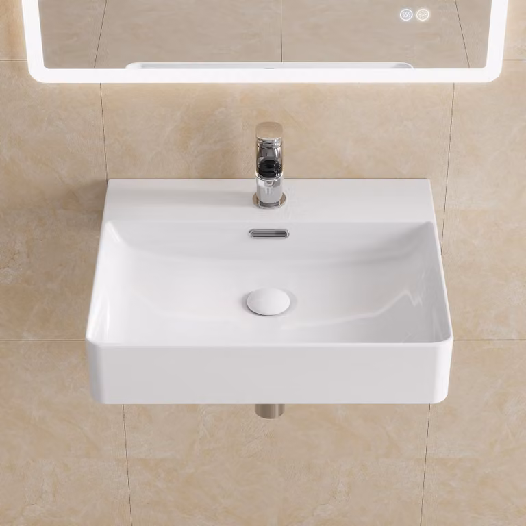 HOROW Lavabo da 50 cm Lavabo a parete Lavabo sospeso in Vetroceramica Lavabo da appoggio rettangolare con foro per rubinetto e troppopieno per piccolo WC ospiti