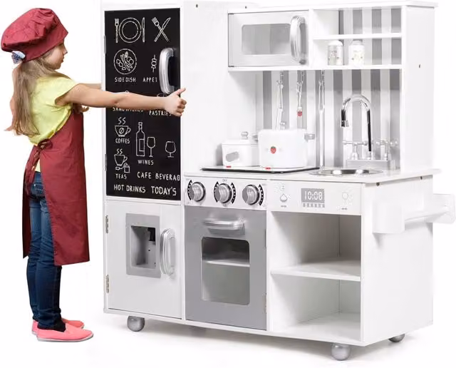 Cucina giocattolo Costway in legno bianco con suoni, lavello rimovibile e lavagna per il gioco creativo dei bambini – 1