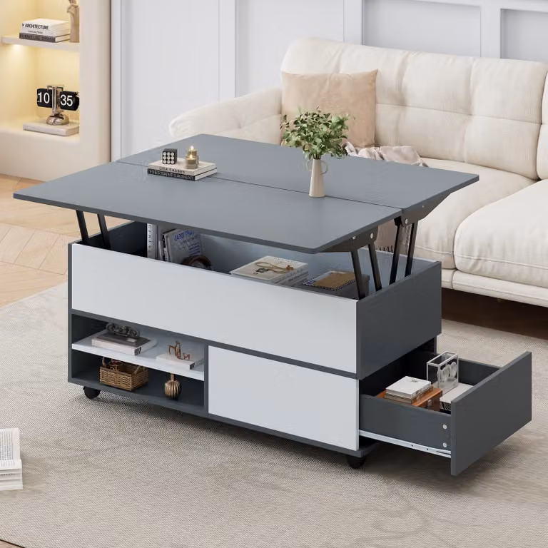 Tavolino da salotto 100*98*65 cm, regolabile in altezza, con vano portaoggetti nascosto e ripiano, dotato di rotelle e cassetti