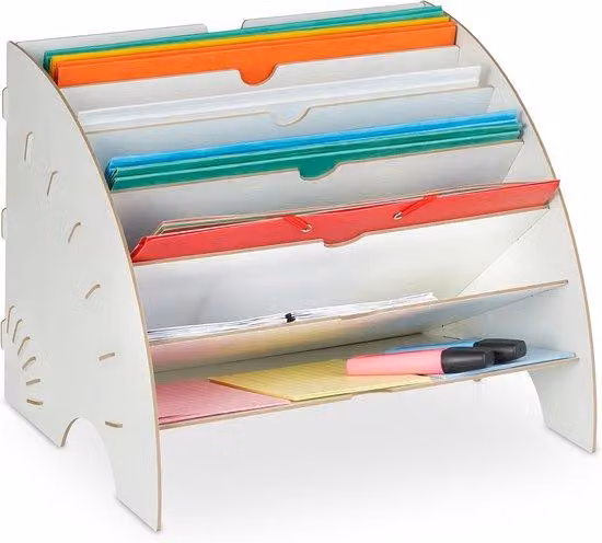 Organizzatore da scrivania, 6 scomparti, formato A4, dimensioni approssimative 27 x 34 x 27 cm, colore bianco, materiale: MDF