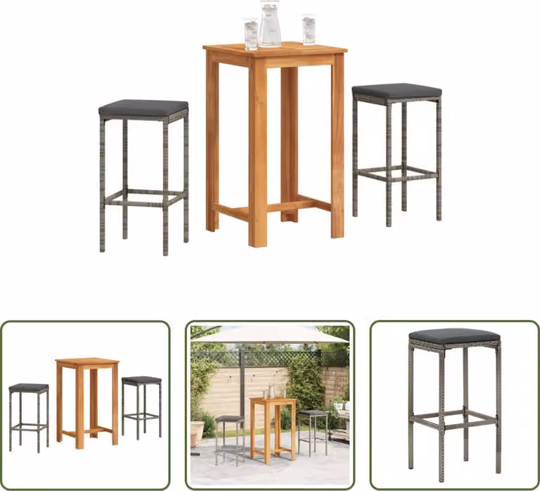 The Living Store Set bar da giardino 3 pezzi in legno massiccio di acacia e poly rattan grigio