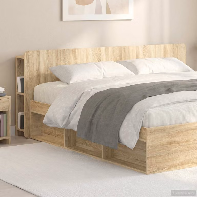 Testata del letto moderna vidaXL in legno ingegnerizzato Rovere Sonoma con ripiano integrato e scomparti laterali, Marrone, L: 215 cm x H: 80 cm x P: 18,5 cm