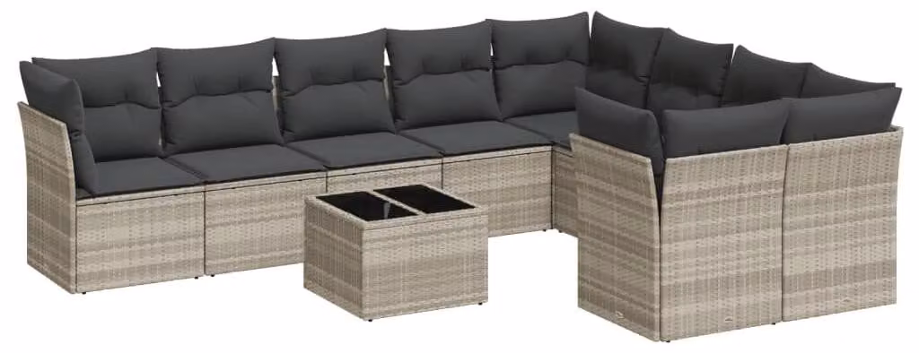 Set da salotto da 10 pezzi, color grigio chiaro, in rattan sintetico, con 10 posti a sedere e cuscini