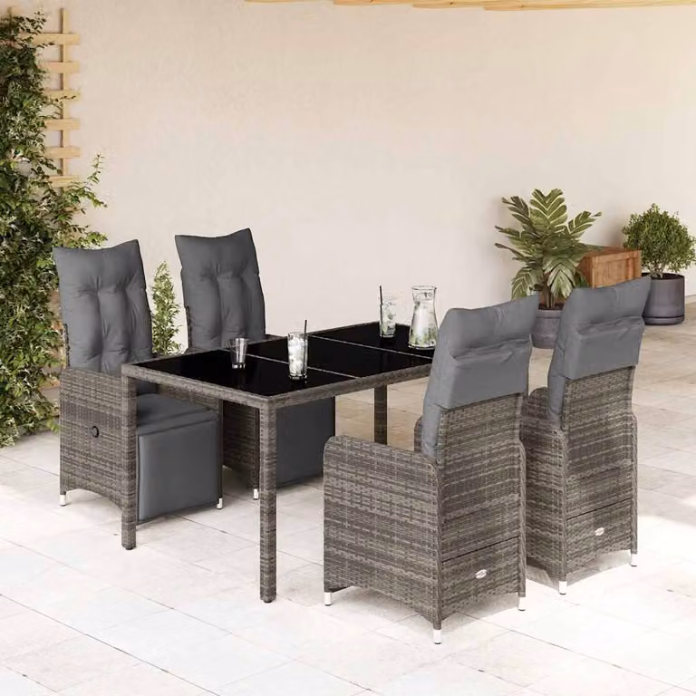 Set Bistrò da Giardino vidaXL 5 pz in Polyrattan e Metallo con Cuscini e Piano in Vetro Grigio