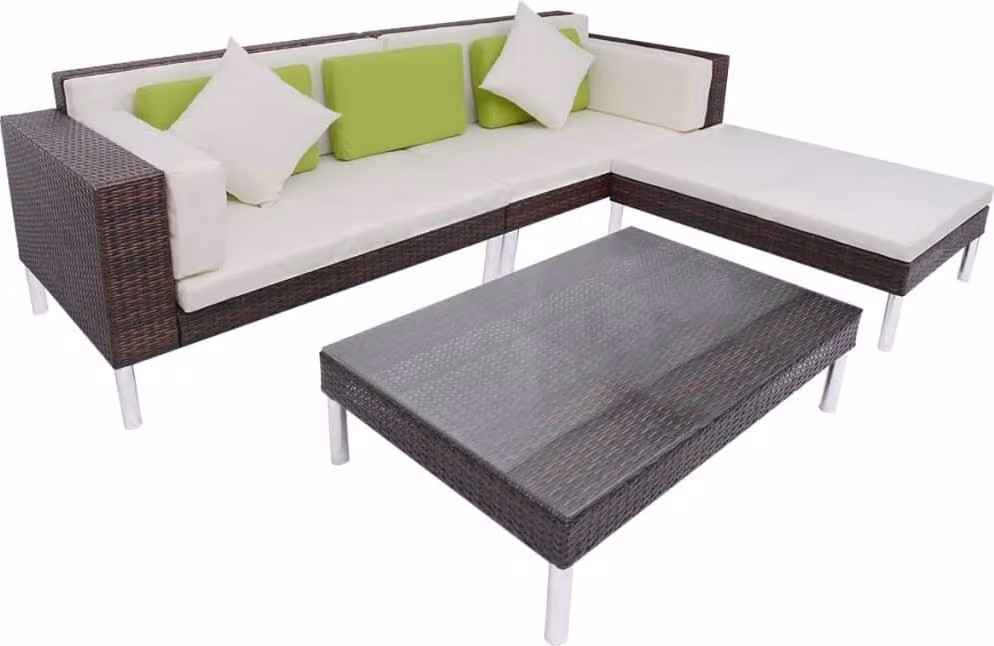 The Living Store Set salotto da giardino 4 pezzi con cuscini in poly rattan marrone