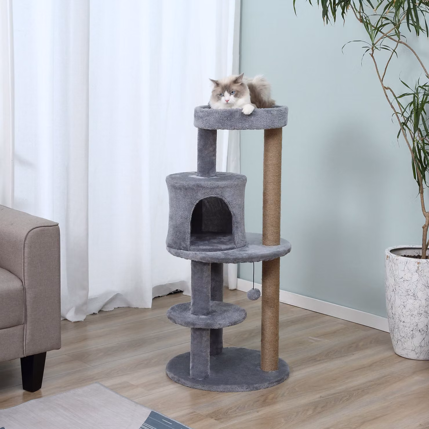 Albero per gatti PawHut a 3 livelli con cuccia, piattaforma e colonna in sisal, Grigio – 2