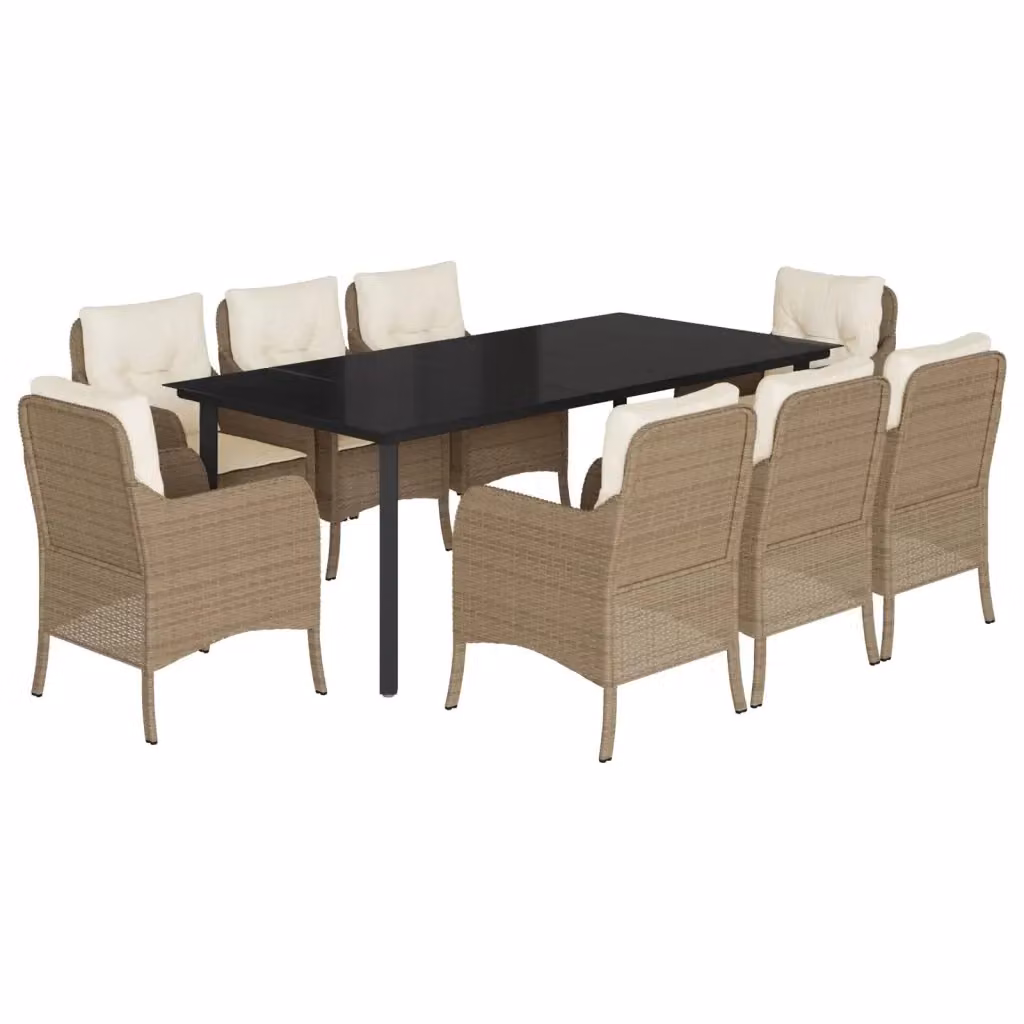 vidaXL Set da Pranzo da Giardino 9 pz in Polyrattan con Cuscini Beige e Tavolo in Vetro – 2
