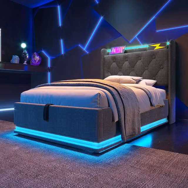 Letto a cassone per adulti - Xylo - 90x200 cm - Grigio - Testiera imbottita, funzione di ricarica USB-C