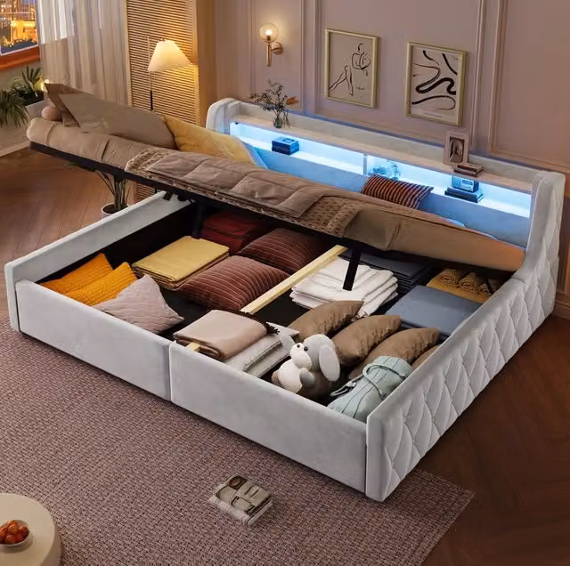 Letto imbottito MODFU con contenitore e testiera LED in flanella beige L/P: 140 x 200 cm