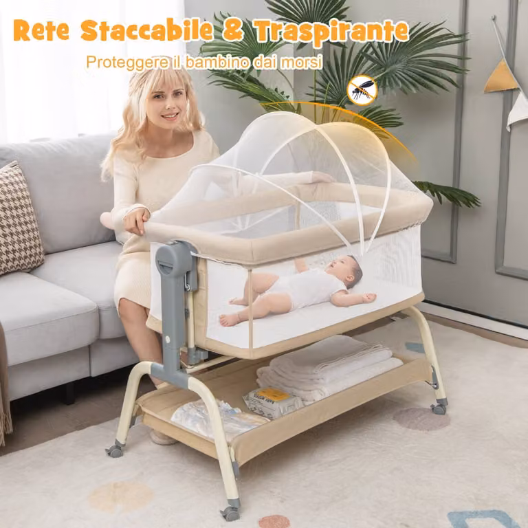Culla per neonati Costway beige con 6 altezze regolabili, rete a 4 lati e cesto portaoggetti, materasso 60x120 cm