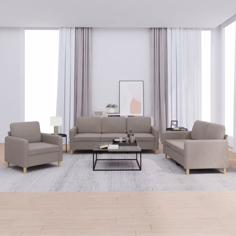 Set di divani 3 pezzi vidaXL in tessuto beige e grigio con cuscini per soggiorno moderno