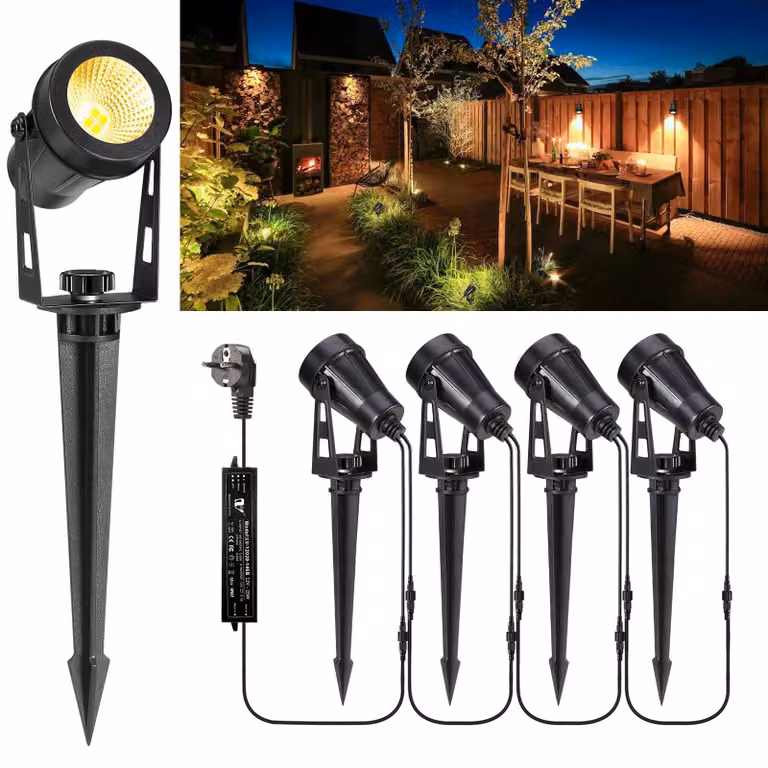 Faretti da giardino a LED, set di 4 pezzi, lunghezza cavo 15 metri, 12V, 3W, 1200 lumen, luce bianco caldo, grado di protezione IP65