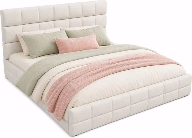 Letto matrimoniale imbottito 180 × 200 cm 2 posti con testiera imbottita, senza materasso, in velluto beige