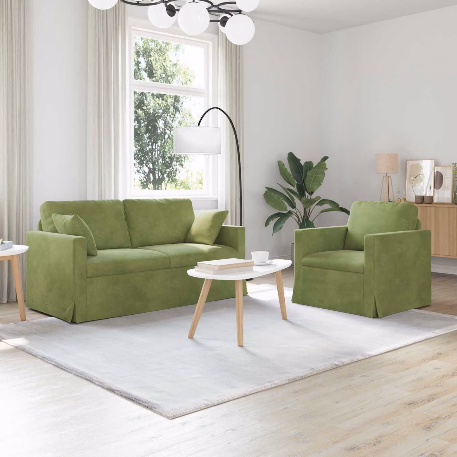 Set di 2 divani vidaXL in velluto verde con struttura in metallo e cuscini inclusi L: 158 cm, P: 78 cm, H: 80 cm – 1