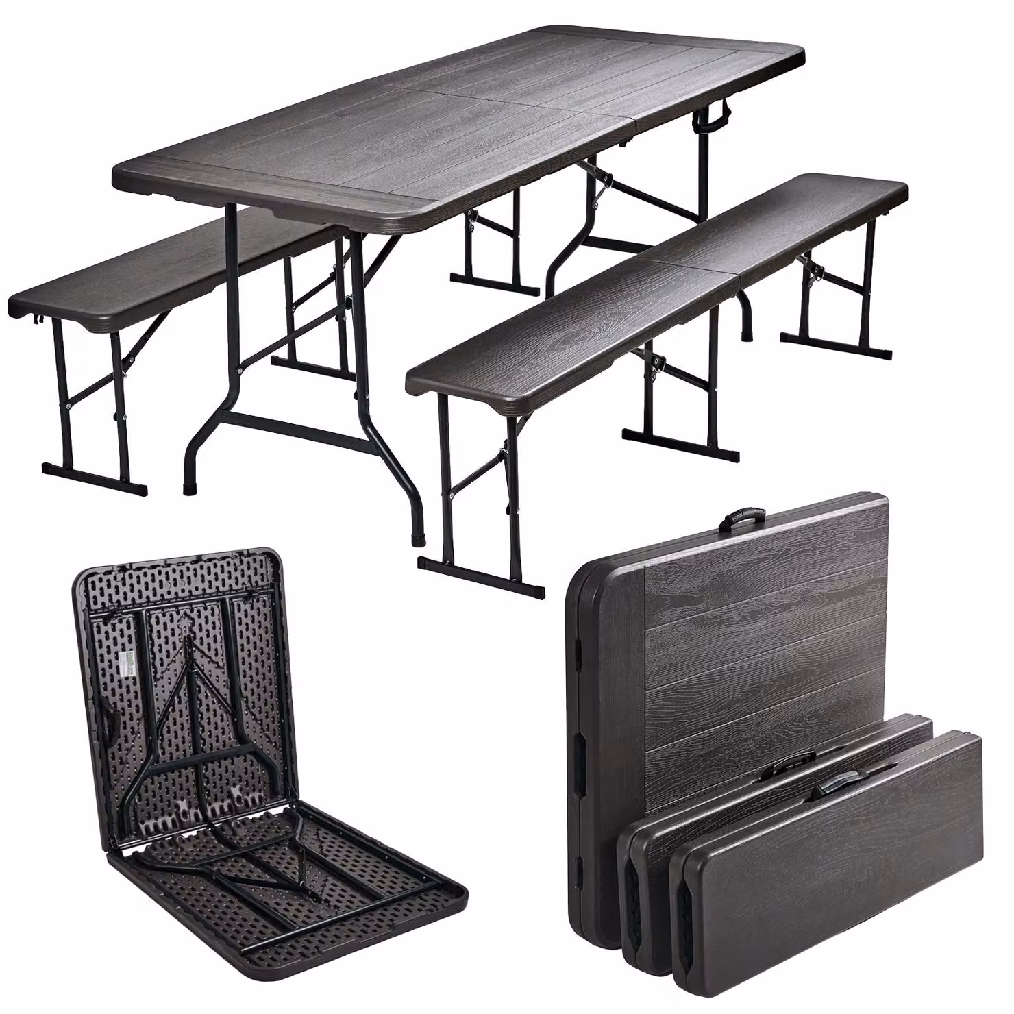 Set da birreria 180x75 cm, pieghevole, effetto legno grigio, con 2 panche e tavolo