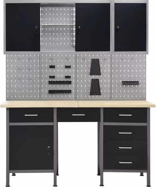 Banco da Lavoro vidaXL in Acciaio con 4 Pannelli a Parete e 2 Armadietti, Regolabile in Altezza, Grigio e Nero, L/P/H: 160 x 60 x 85 cm