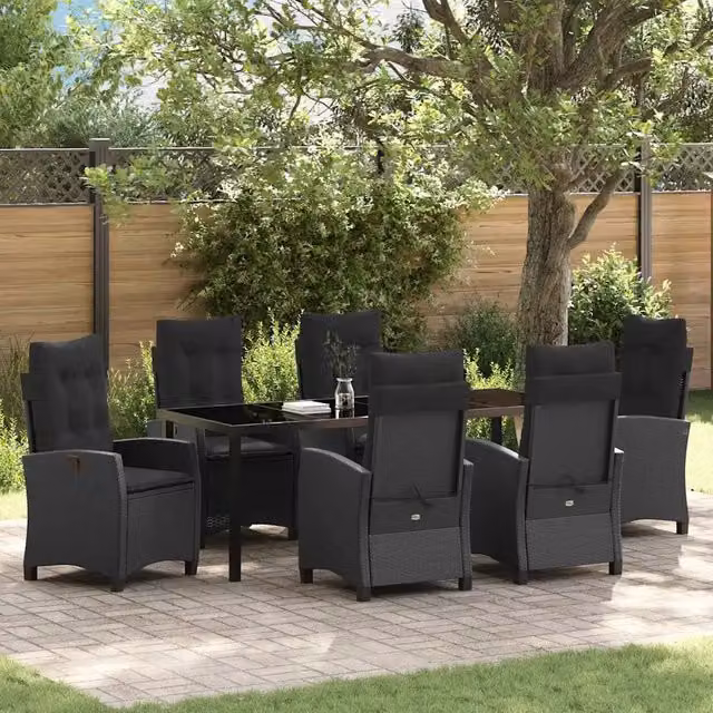 Set da pranzo per giardino e terrazzo vidaXL in polyrattan nero con tavolo in vetro, 7 pezzi – 1