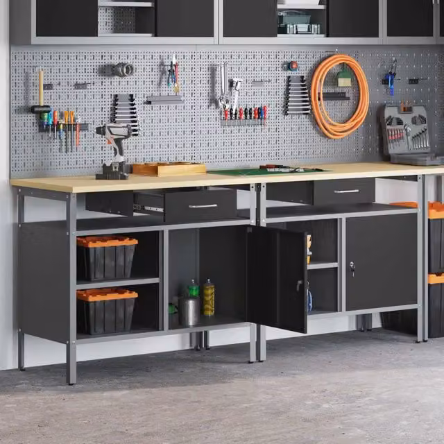 Set di 2 banchi da lavoro regolabili in altezza vidaXL in acciaio nero – 1