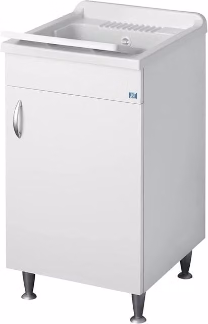 Negrari Eco Lavatoio Bianco Misura 45x50 L45 P50 H85CM Lavapanni Interno Bagno Lavanderia Base Mobile Nobilitato Idrofugo Legno Lavabo Plastica Asse Piedini Ante Battenti Economico Qualità Medio Alta