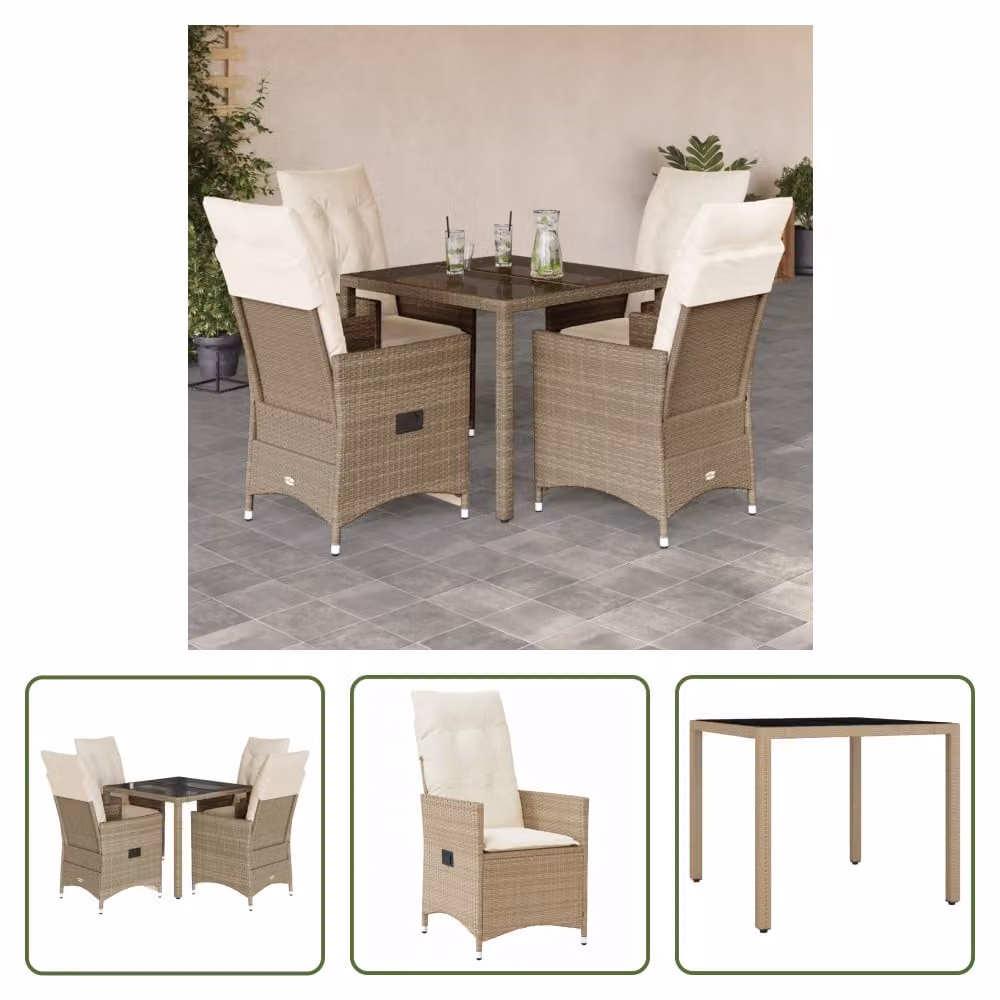 The Living Store Set da pranzo da giardino 5 pezzi con cuscini Beige poly rattan