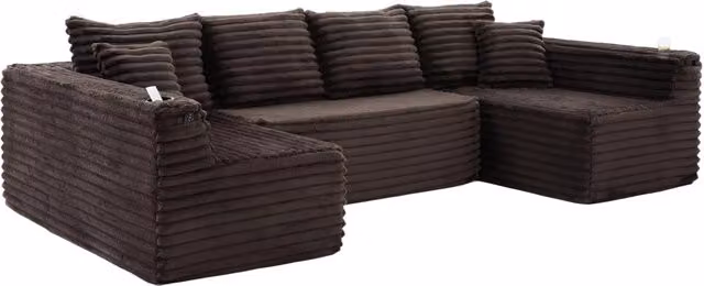 Divano panoramico a U modulare Chicfurn marrone con portabicchieri e cuscini in tessuto a coste L: 320 cm, P: 155 cm, H: 88 cm – 1