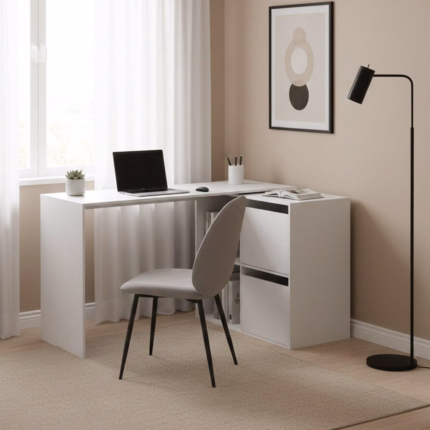 Dmora Scrivania Ascona 49x152x74h cm Bianco, Modulabile Angolare