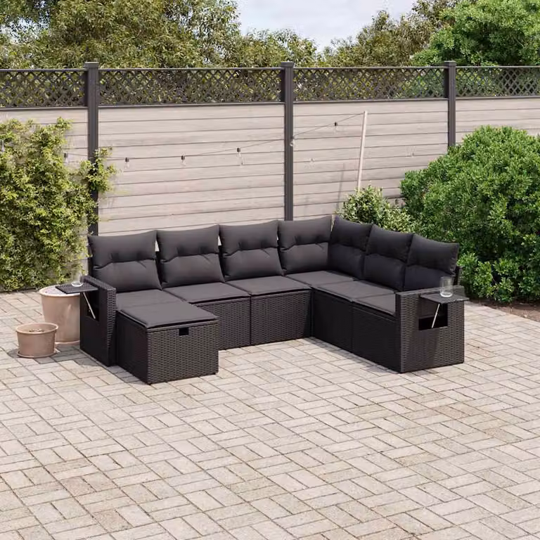vidaXL Set Divano da Giardino a L con 7 Cuscini Nero in Polyrattan e Acciaio