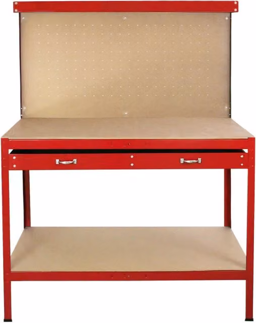 Banco da Lavoro MONSTER SHOP in Acciaio Rosso con Parete Porta Utensili e Cassetto, Portata 370kg, L: 120 cm, P: 60 cm, H: 155 cm