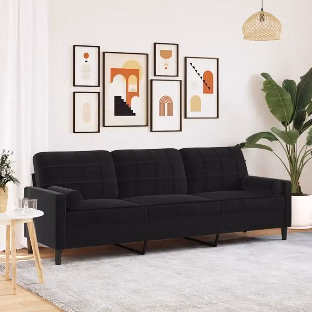 Divano a 3 posti moderno vidaXL in velluto nero con cuscini e coperture rimovibili L: 226 cm, P: 80 cm, H: 77 cm