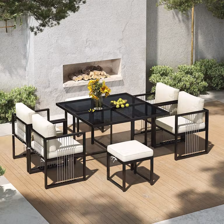 Set da salotto da giardino Sweiko, set di tavolo e sedie da pranzo da 7 pezzi per 6 persone, tavolo in vetro temperato