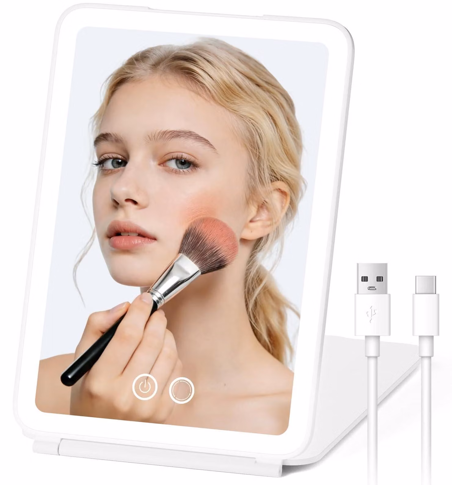Specchio da trucco con luci LED, 3 tonalità di luce, pieghevole, 19,5x13 cm, bianco
