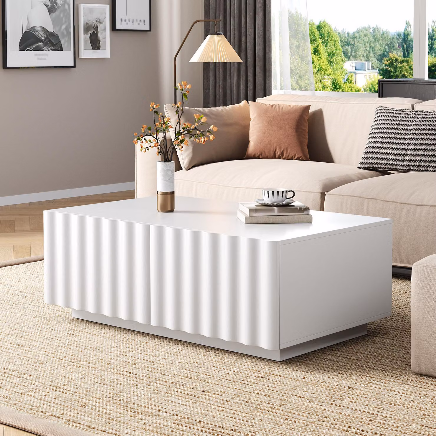 Tavolino Merax con motivo a onde, tavolino da salotto con 2 cassetti, tavolino da divano moderno con vano portaoggetti, tavolino minimalista in MDF, bianco
