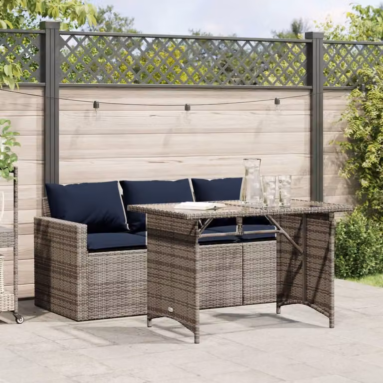 Set da pranzo da giardino vidaXL in polyrattan grigio con cuscini blu e piano in vetro