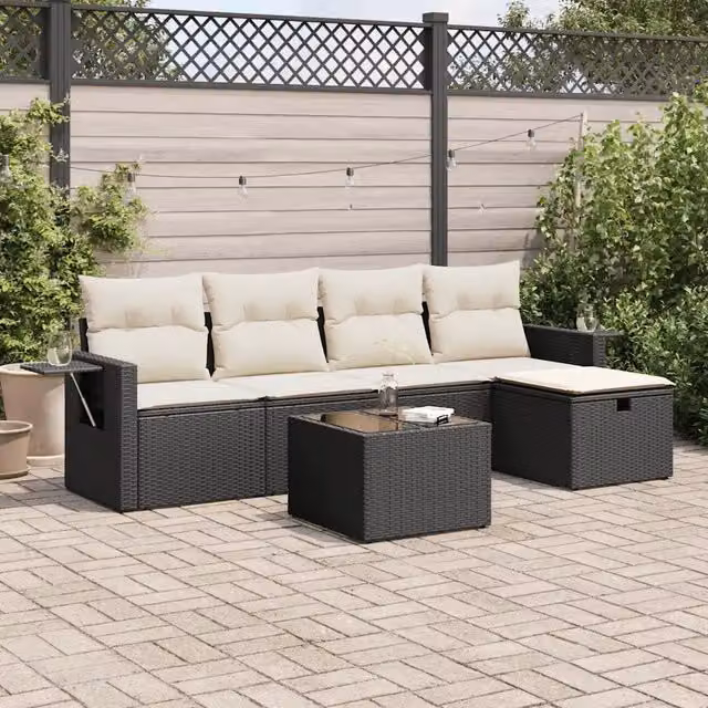 Set Divano da Giardino a L vidaXL in Polyrattan Nero con 6 Pezzi e Cuscini Imbottiti