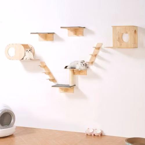 Set di 7 Mensole da Parete VEVOR in Legno di Pino per Gatti con Amache e Cave, Colore Marrone e Beige