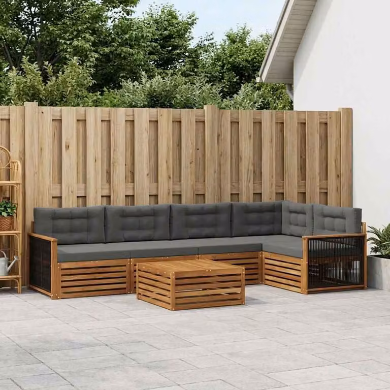 Set di divani da esterno vidaXL a forma di L composto da 6 pezzi con tavolino da caffè, in legno di acacia e tessuto beige e antracite