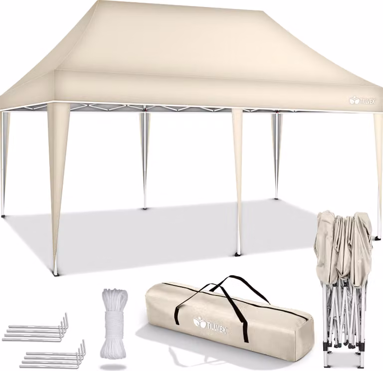 tillvex gazebo 3x6m Beige impermeabile | gazebo pop-up pieghevole regolabile in altezza | tenda da giardino protezione UV 50+ | tenda da festa con borsa per giardino