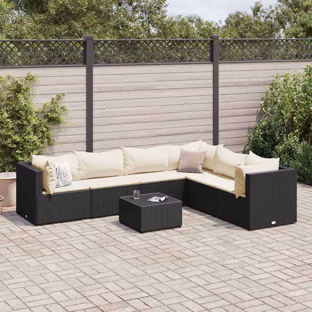 Set Salotto da Giardino a L vidaXL con 7 Cuscini, Tavolino e Struttura in Metallo Nero e Bianco – 1