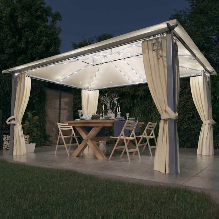 Gazebo vidaXL con Tende e Luci LED in Alluminio e Acciaio, Colore Beige, L: 400 cm, P: 300 cm, H: 270 cm