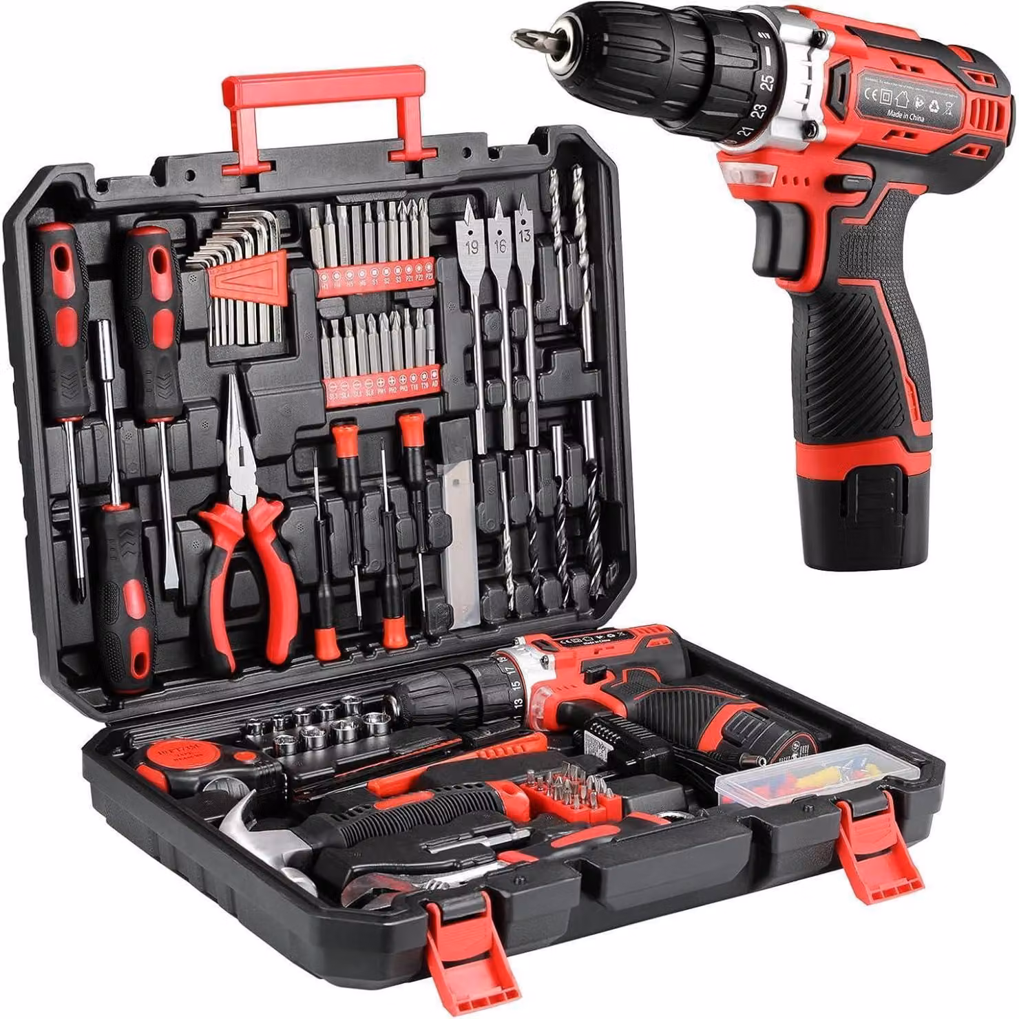 Set di utensili in valigetta, composto da un avvitatore a batteria e 138 pezzi, ideale per lavori domestici e fai-da-te, con trapano/avvitatore a batteria da 12V
