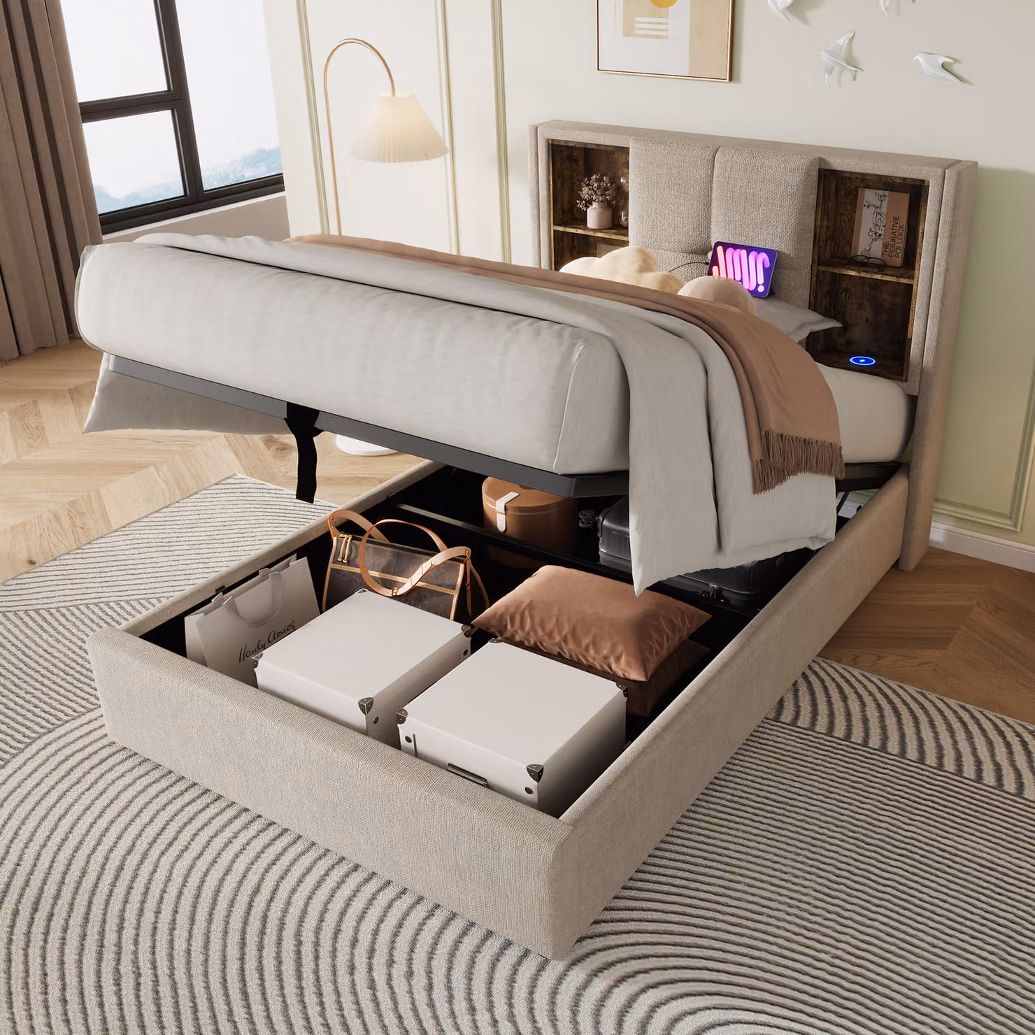 Letto imbottito Flieks 90x200cm con USB e tipo C, letto contenitore a molle idrauliche con rete a doghe, letto matrimoniale letto per ragazzi letto in legno, biancheria, beige
