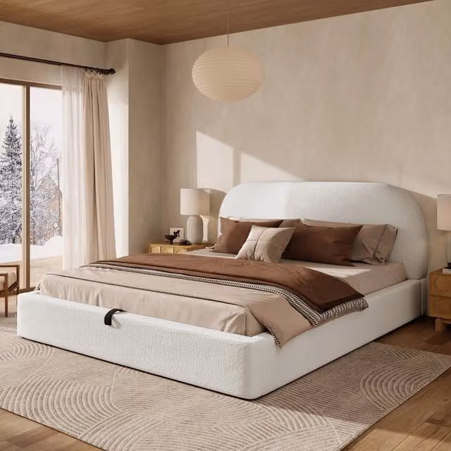 Letto imbottito matrimoniale contenitore ¨C Minimal ¨C Beige boucl¨¦ 180x200cm con rete a doghe