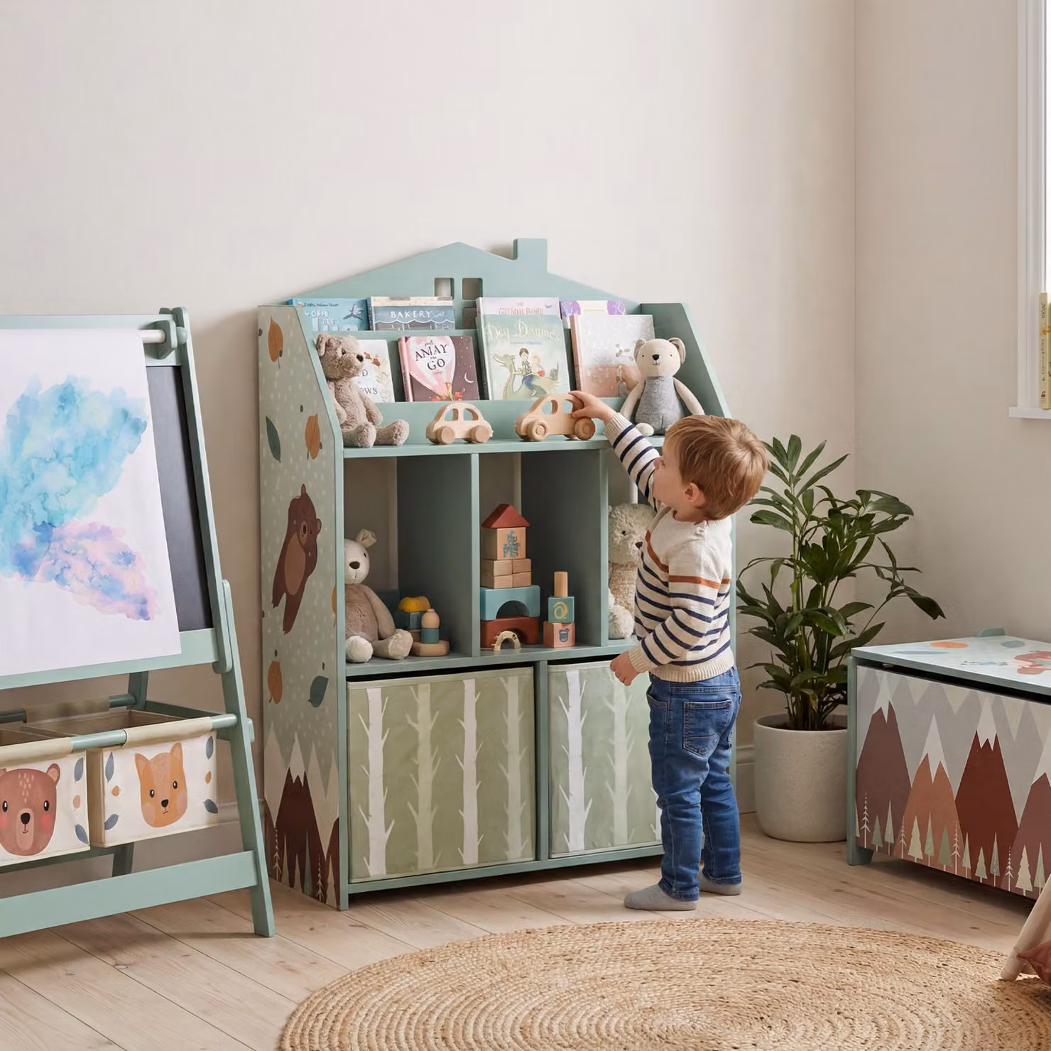 Scaffale Portagiochi AIYAPLAY per Cameretta dei Bambini in Legno FSC con 2 Contenitori in Tessuto, Verde – 2