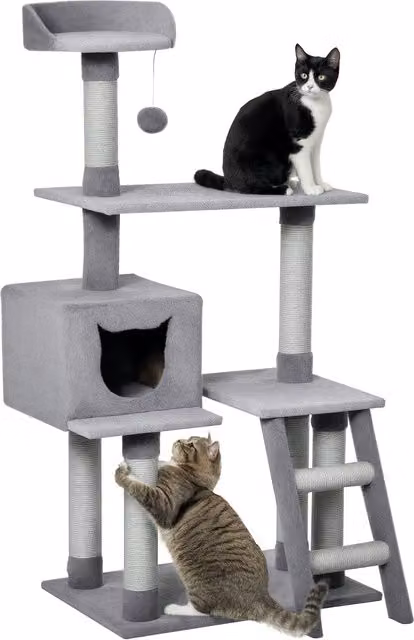 Tiragraffi Palestra per Gatti Multilivello PawHut con Casetta, Scala e Pali in Corda di Sisal, Grigio, L/P/H: 40 x 60,5 x 124 cm, Aosom