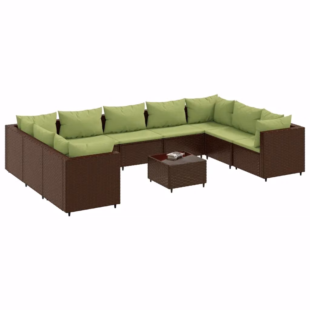 Set da giardino moderno vidaXL composto da 10 pezzi con divano a L, tavolino da caffè e cuscini in polyrattan marrone e verde con struttura in acciaio verniciato a polvere – 2